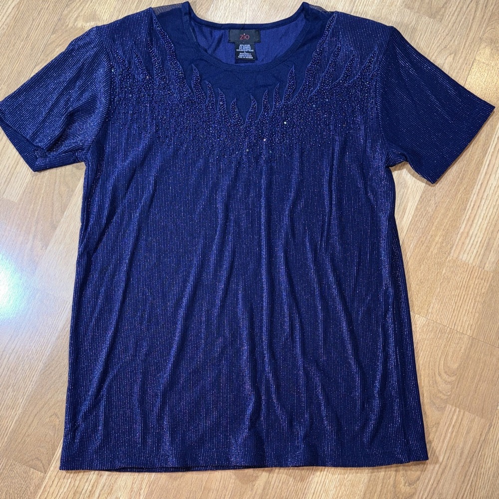 Zio Womens Navy Blue Metallic Ribbed Knit Beaded Sequin Mesh Neck Top Size L